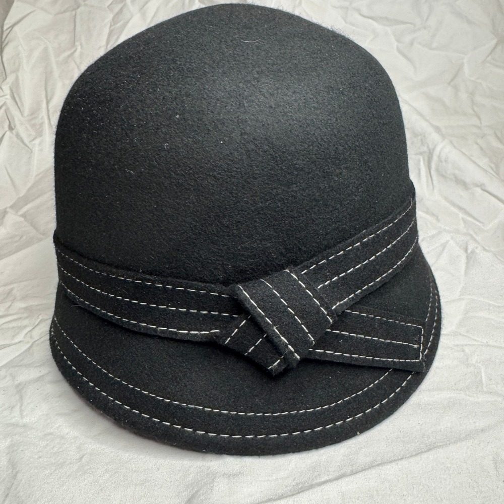 Kate Landry Black Wool Cloche Hat with Decorative‎ Stitching